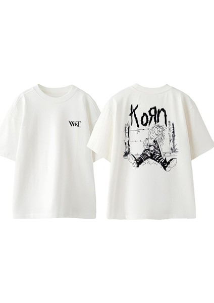 Korn Dikenli Teller Tasarım Sırt Baskılı Pamuk Beyaz Oversize T-Shirt
