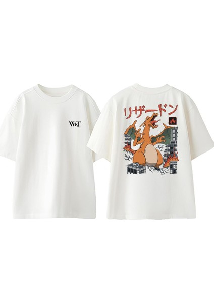 Pokemon Charizard Japon Tasarım Sırt Baskılı Pamuk Beyaz Oversize T-Shirt