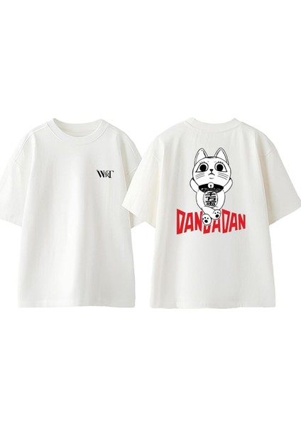 Dandadan Kedi Tasarım Sırt Baskılı Pamuk Beyaz Oversize T-Shirt