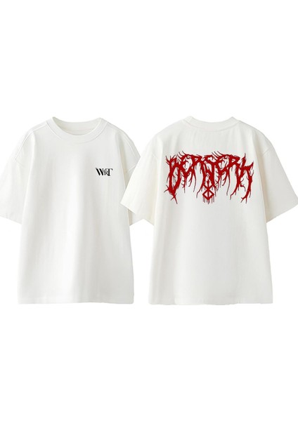 Berserk Metal Logo Tasarım Sırt Baskılı Pamuk Beyaz Oversize T-Shirt