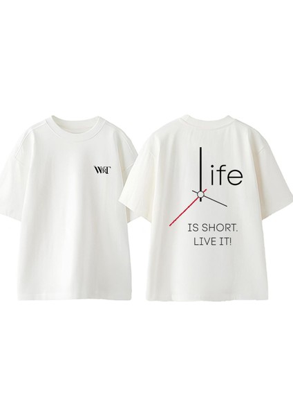 Life Is Short Live It Tasarım Sırt Baskılı Pamuk Beyaz Oversize T-Shirt