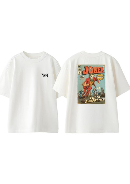 Joker Çizgi Roman Kapak Tasarım Sırt Baskılı Pamuk Beyaz Oversize T-Shirt