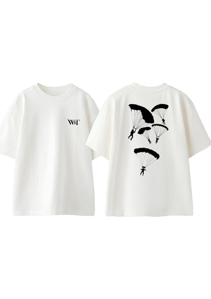 Yamaç Paraşütçüler Çizim Tasarım Sırt Baskılı Pamuk Beyaz Oversize T-Shirt