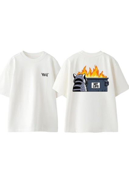 Raccoon My Life Tasarım Sırt Baskılı Pamuk Beyaz Oversize T-Shirt