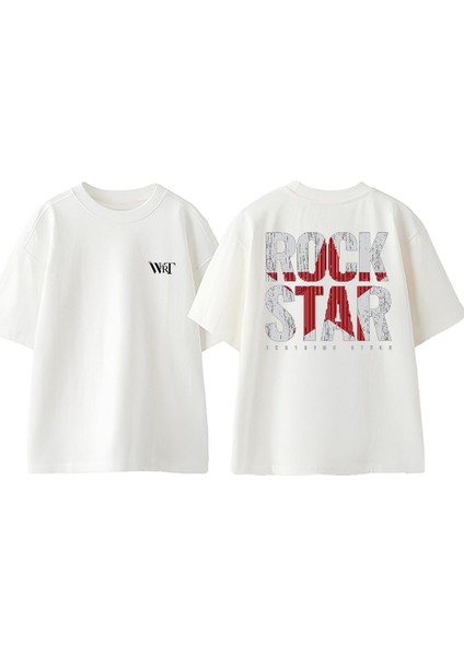 Rock Star Tasarım Sırt Baskılı Pamuk Beyaz Oversize T-Shirt
