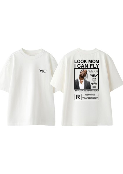 Travis Look Mom I Can Fly Tasarım Sırt Baskılı Pamuk Beyaz Oversize T-Shirt