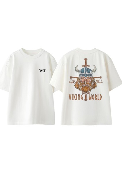 Relive The Viking World Tasarım Sırt Baskılı Pamuk Beyaz Oversize T-Shirt