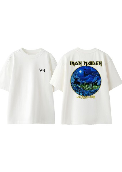 Iron Maiden Live After Tasarım Sırt Baskılı Pamuk Beyaz Oversize T-Shirt
