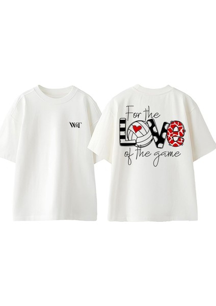 Love Game Volleyballl Tasarım Sırt Baskılı Pamuk Beyaz Oversize T-Shirt