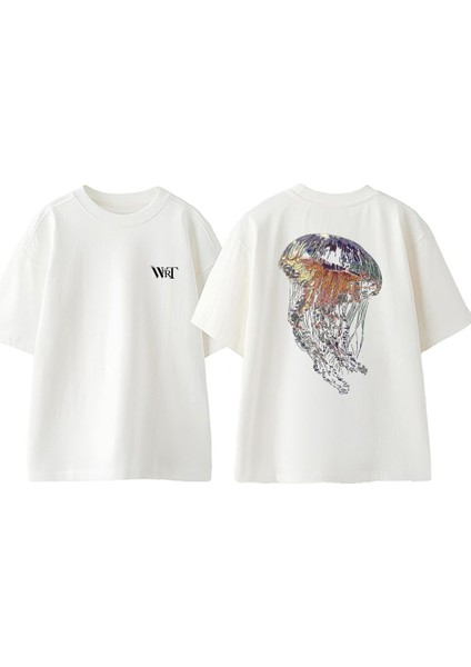 Renkli Deniz Anasi Tasarım Sırt Baskılı Pamuk Beyaz Oversize T-Shirt