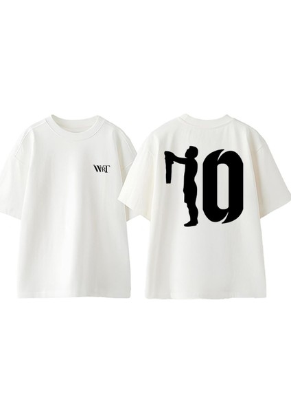 Lionel Messi 10 Tasarım Sırt Baskılı Pamuk Beyaz Oversize T-Shirt