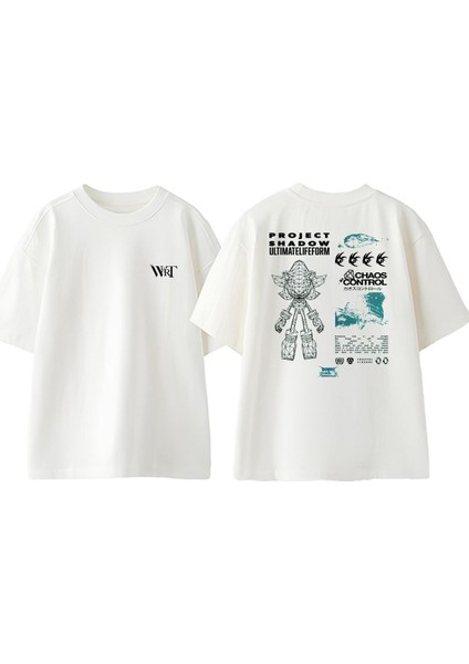 Project Shadow Sonic Tasarım Sırt Baskılı Pamuk Beyaz Oversize T-Shirt