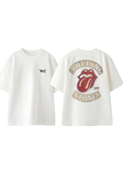 Rolling Stones Tasarım Sırt Baskılı Pamuk Beyaz Oversize T-Shirt