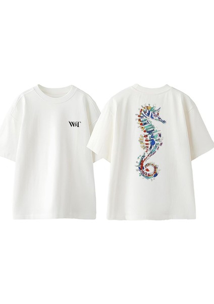 Renkli Deniz Atı Tasarım Sırt Baskılı Pamuk Beyaz Oversize T-Shirt