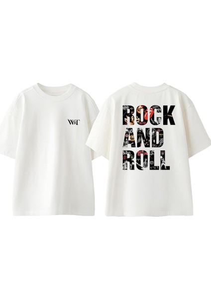 Rock Is Life Rock And Roll Tasarım Sırt Baskılı Pamuk Beyaz Oversize T-Shirt