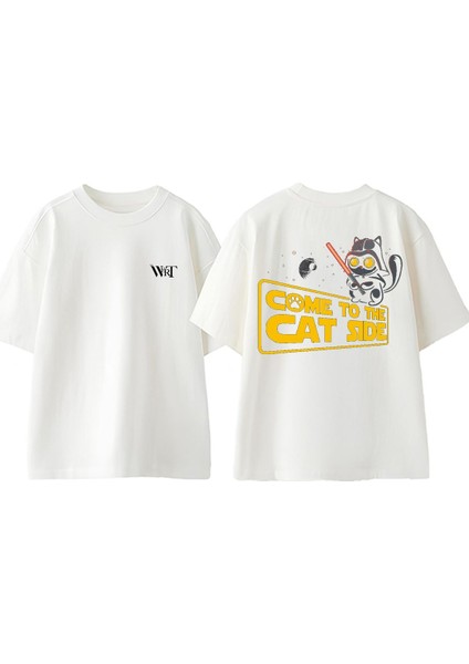 Come To The Cat Side Tasarım Sırt Baskılı Pamuk Beyaz Oversize T-Shirt