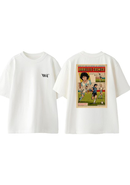 Diego Maradona Tasarım Sırt Baskılı Pamuk Beyaz Oversize T-Shirt