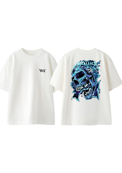 Metallica Skull 1 Tasarım Sırt Baskılı Pamuk Beyaz Oversize T-Shirt