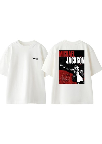 Michael Jackson Poster Tasarım Sırt Baskılı Pamuk Beyaz Oversize T-Shirt