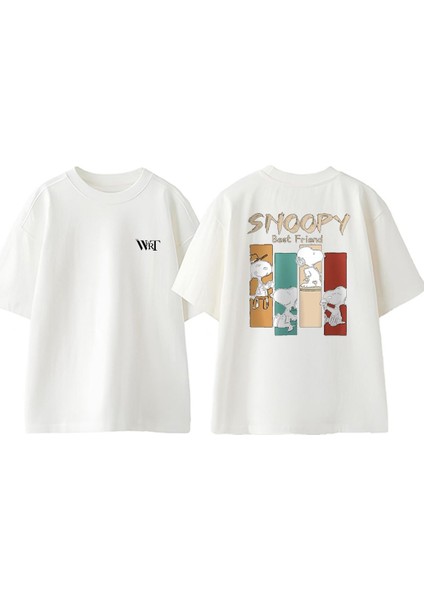 Snoopy Best Friend Tasarım Sırt Baskılı Pamuk Beyaz Oversize T-Shirt
