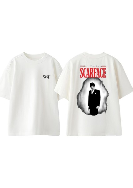 Scarface Al Paçino Tasarım Sırt Baskılı Pamuk Beyaz Oversize T-Shirt