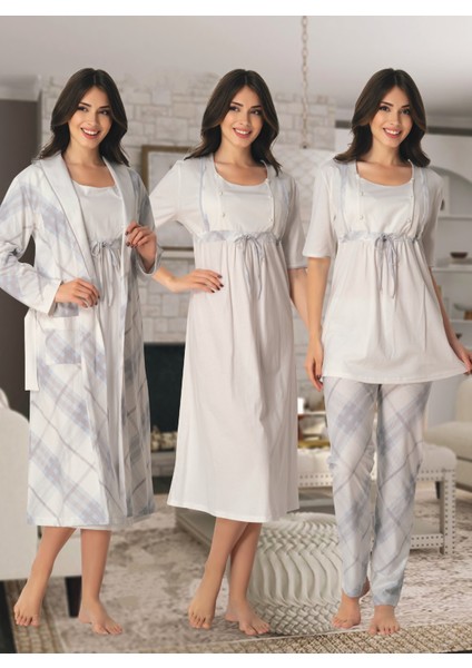 Dvina Effortt Lohusa 4'lü Set - Sabahlık/pijama Takımı/gecelik Ekru-Mavi - 8046