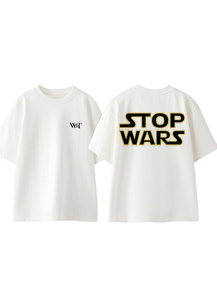 Stop Wars Tasarım Sırt Baskılı Pamuk Beyaz Oversize T-Shirt