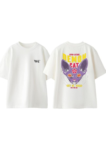 Demon Cat Obey Me Human Tasarım Sırt Baskılı Pamuk Beyaz Oversize T-Shirt
