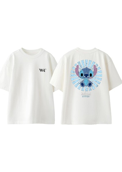 Stitch Retro Vintage Tasarım Sırt Baskılı Pamuk Beyaz Oversize T-Shirt