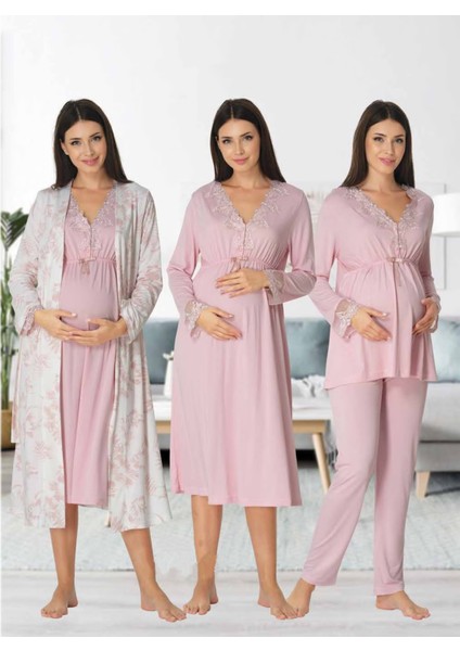 Dvina Effortt Lohusa 4'lü Set - Sabahlık/pijama Takımı/gecelik Pudra - 8096