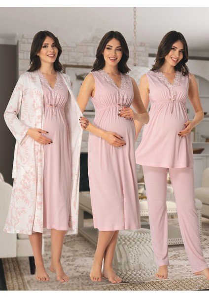 Dvina Effortt Lohusa 4'lü Set - Sabahlık/pijama Takımı/gecelik Pudra - 8036
