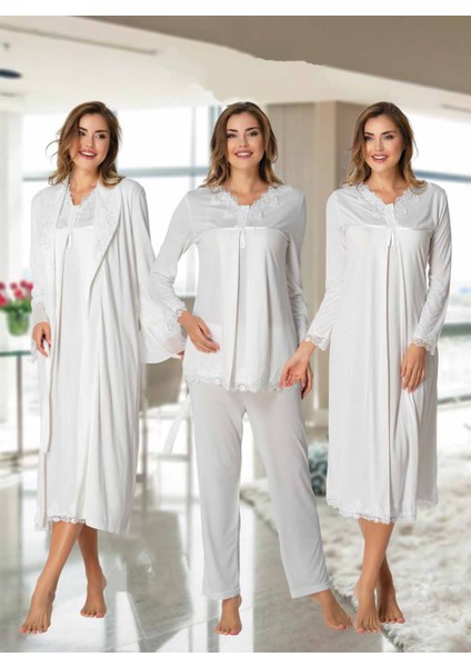 Dvina Effortt Lohusa 4'lü Set - Sabahlık/pijama Takımı/gecelik Ekru - 7036