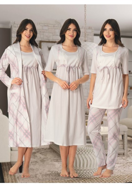 Dvina Effortt Lohusa 4'lü Set - Sabahlık/pijama Takımı/gecelik Ekru-Pembe - 8046