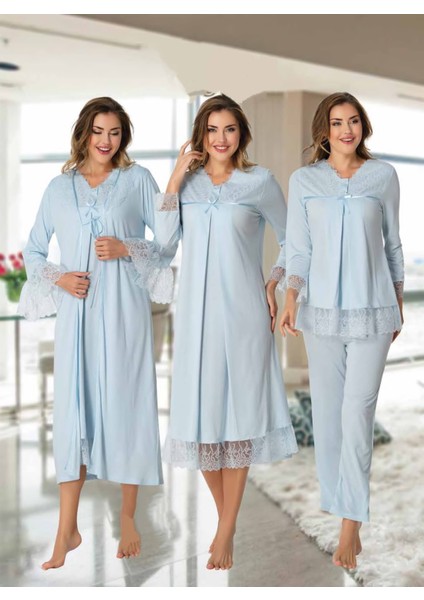 Dvina Effortt Lohusa 4'lü Set - Sabahlık/pijama Takımı/gecelik Mavi - 7046