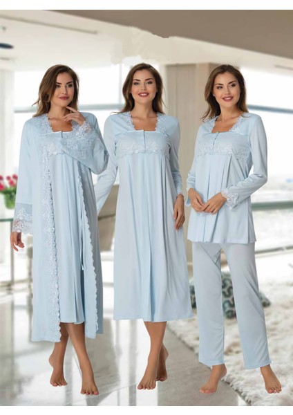 Dvina Effortt Lohusa 4'lü Set - Sabahlık/pijama Takımı/gecelik Mavi - 7016