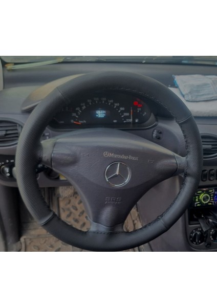 Dikişli Direksiyon Kılıfı Siyah Deri Noktalı Deri Siyah Dikişli Mercedes A140 Için