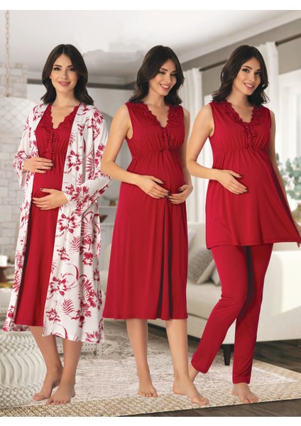 Dvina Effortt Lohusa 4'lü Set - Sabahlık/pijama Takımı/gecelik Fuşya - 8036