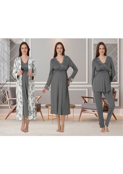 Dvina Effortt Lohusa 4'lü Set - Sabahlık/pijama Takımı/gecelik Füme - 8096