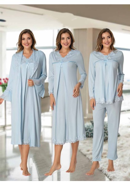 Dvina Effortt Lohusa 4'lü Set - Sabahlık/pijama Takımı/gecelik Mavi - 7036