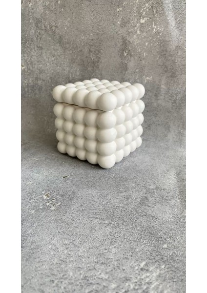 Idl-Bubble Kapaklı Mumluk-Kapaklı Takı Kutusu-Pamukluk-Beyaz Beton(Inci Tozu Hediye)