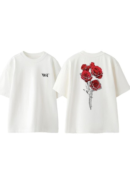Dikenli Telli Gul Tasarım Sırt Baskılı Pamuk Beyaz Oversize T-Shirt