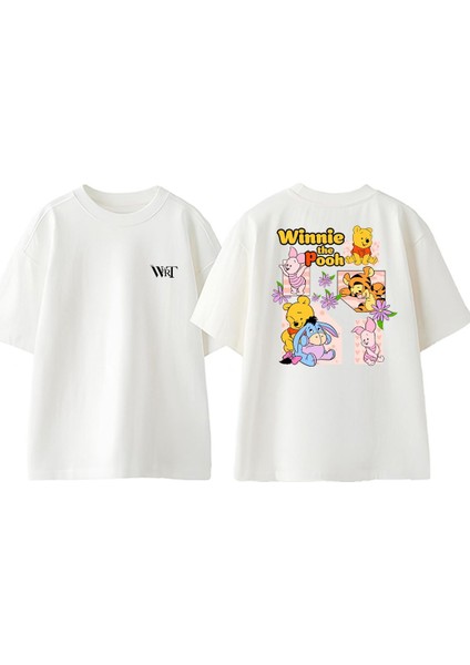 Winnie The Pooh Karakterler Tasarım Sırt Baskılı Pamuk Beyaz Oversize T-Shirt