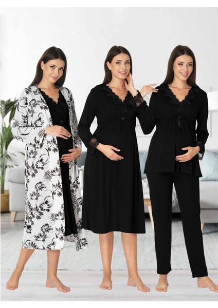 Dvina Effortt Lohusa 4'lü Set - Sabahlık/pijama Takımı/gecelik Siyah - 8096