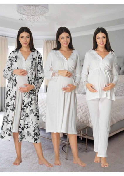 Dvina Effortt Lohusa 4'lü Set - Sabahlık/pijama Takımı/gecelik Ekru - 8096