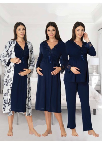 Dvina Effortt Lohusa 4'lü Set - Sabahlık/pijama Takımı/gecelik Lacivert - 8096
