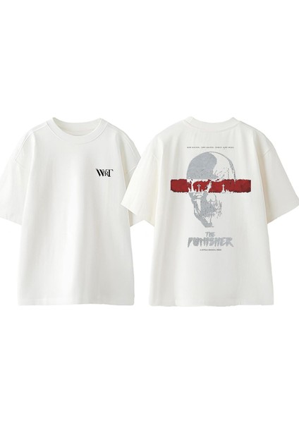 The Punısher Tasarım Sırt Baskılı Pamuk Beyaz Oversize T-Shirt