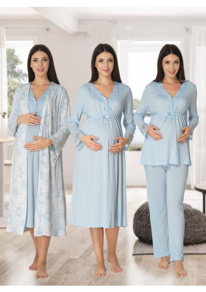 Dvina Effortt Lohusa 4'lü Set - Sabahlık/pijama Takımı/gecelik Mavi - 8096