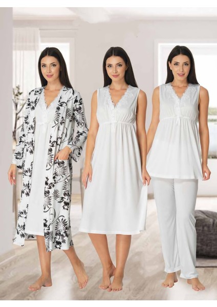 Dvina Effortt Lohusa 4'lü Set - Sabahlık/pijama Takımı/gecelik Ekru - 8036