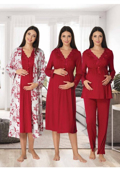 Dvina Effortt Lohusa 4'lü Set - Sabahlık/pijama Takımı/gecelik Fuşya - 8096