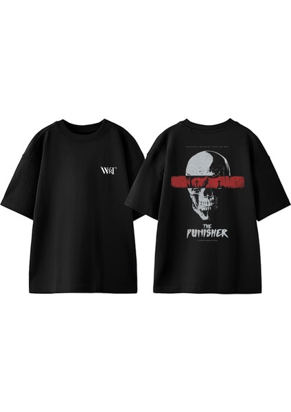 The Punısher Tasarım Sırt Baskılı Pamuk Siyah Oversize T-Shirt